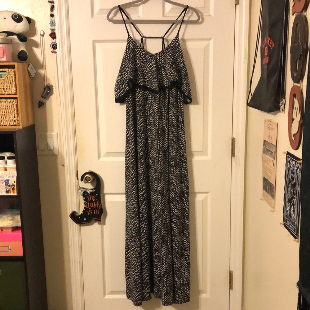 Black and white flounce top maxi dress